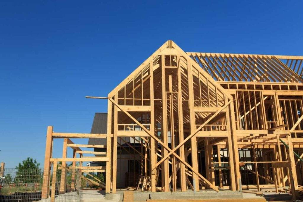 New wood house framing in Mueller, a new neighborhood in Austin, Texas