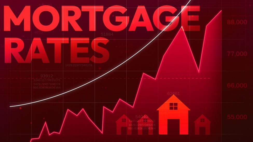 Line chart displaying mortgage rates in red overlaid on fluctuating home purchase volumes, illustrating market trends and correlations