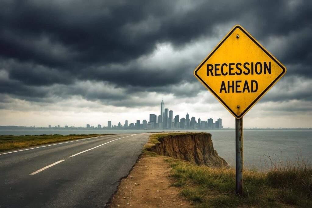 Yellow "Recession Ahead" road sign looming over a distant residential real estate skyline under stormy clouds, evoking economic fears in housing