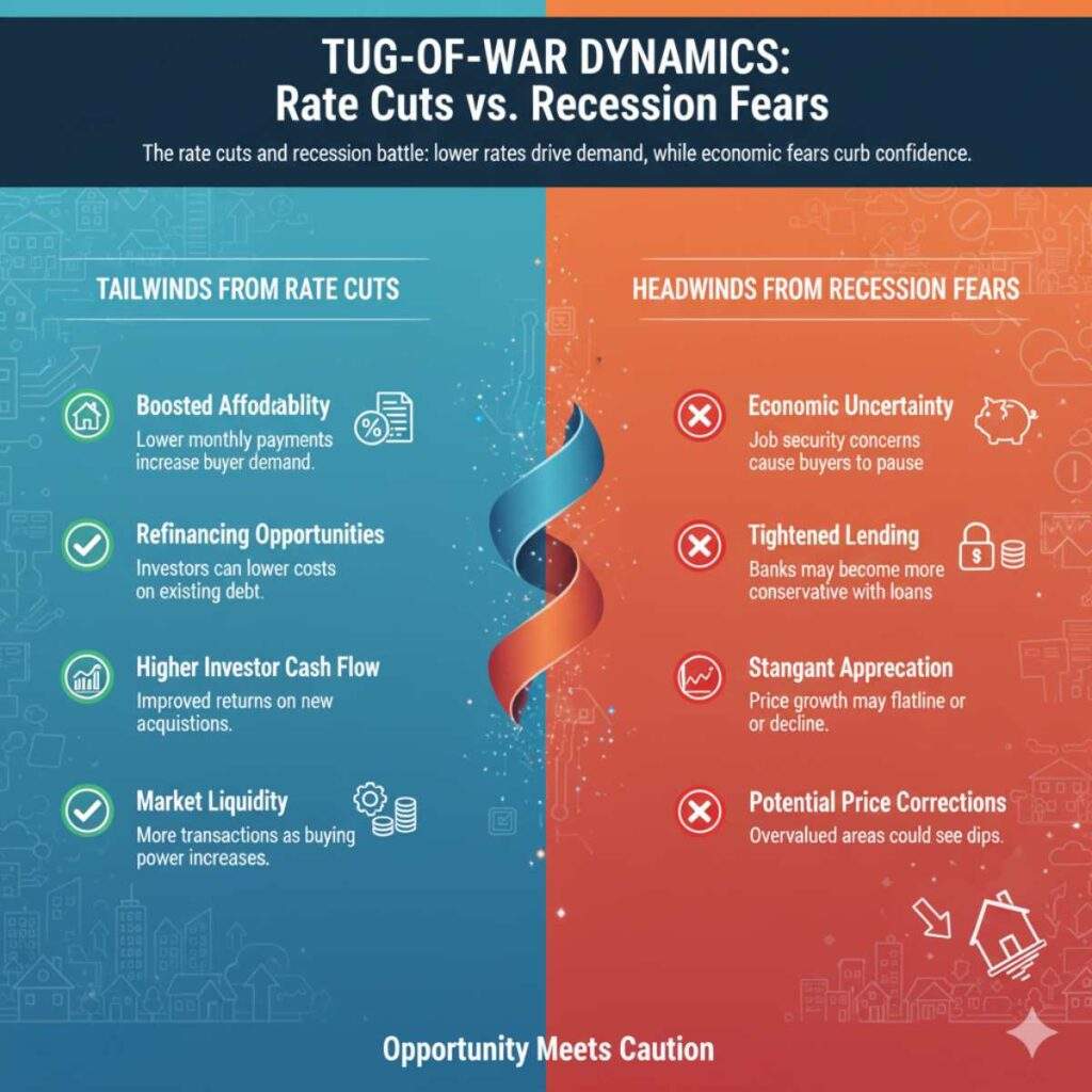 Infographic depicting tug-of-war dynamics between rate cuts in blue and recession fears in red, with icons illustrating tailwinds and headwinds