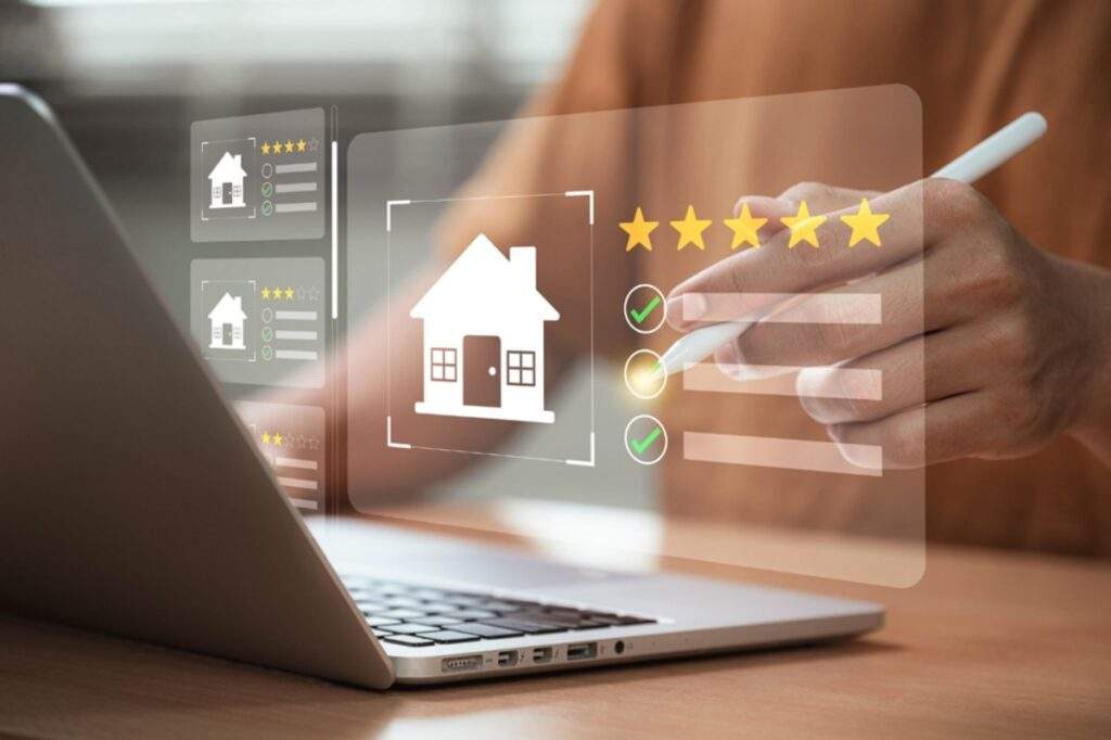 Investor reviewing a detailed strategy checklist on a laptop, with charts and real estate icons in the background