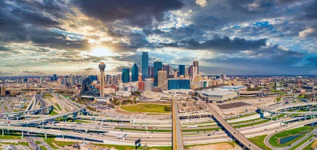 Dallas, Texas, USA Downtown Drone Skyline Aerial.