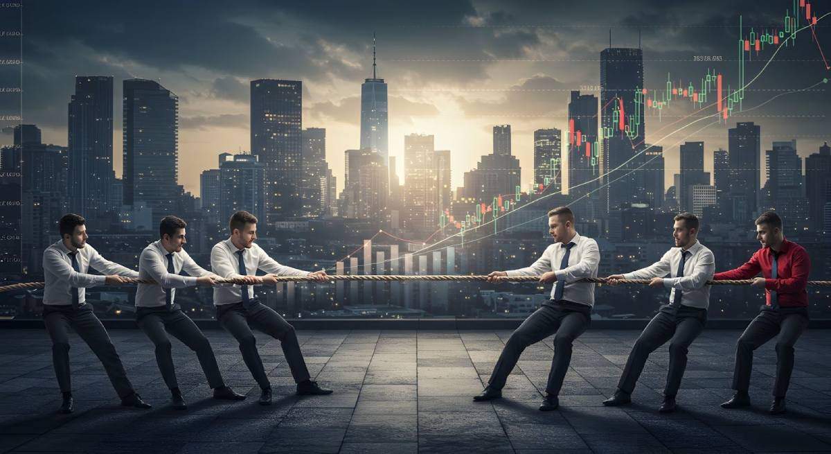 Business teams in suits pulling on a rope in a tug-of-war competition atop a city skyline, representing housing market uncertainty and competing economic forces