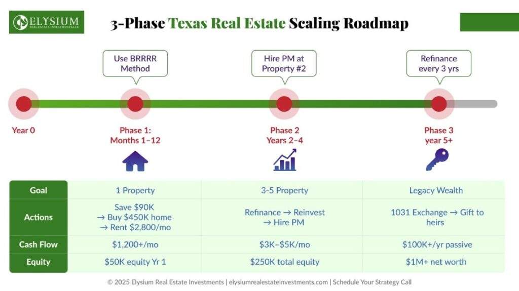 3-Phase Texas Real Estate Scaling Roadmap diagram showing how to grow a portfolio from 1 to 5+ properties.