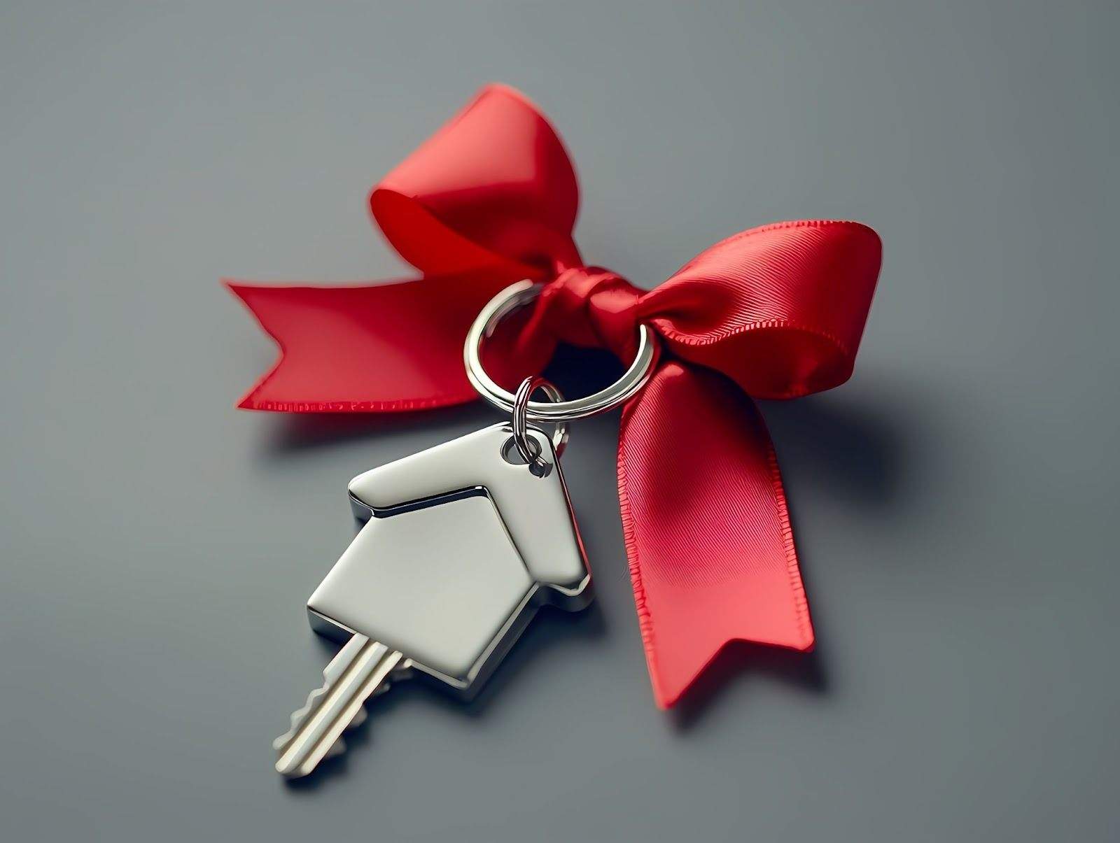 House key with red ribbon symbolizing Texas land donation and real estate tax deduction benefits for charity.