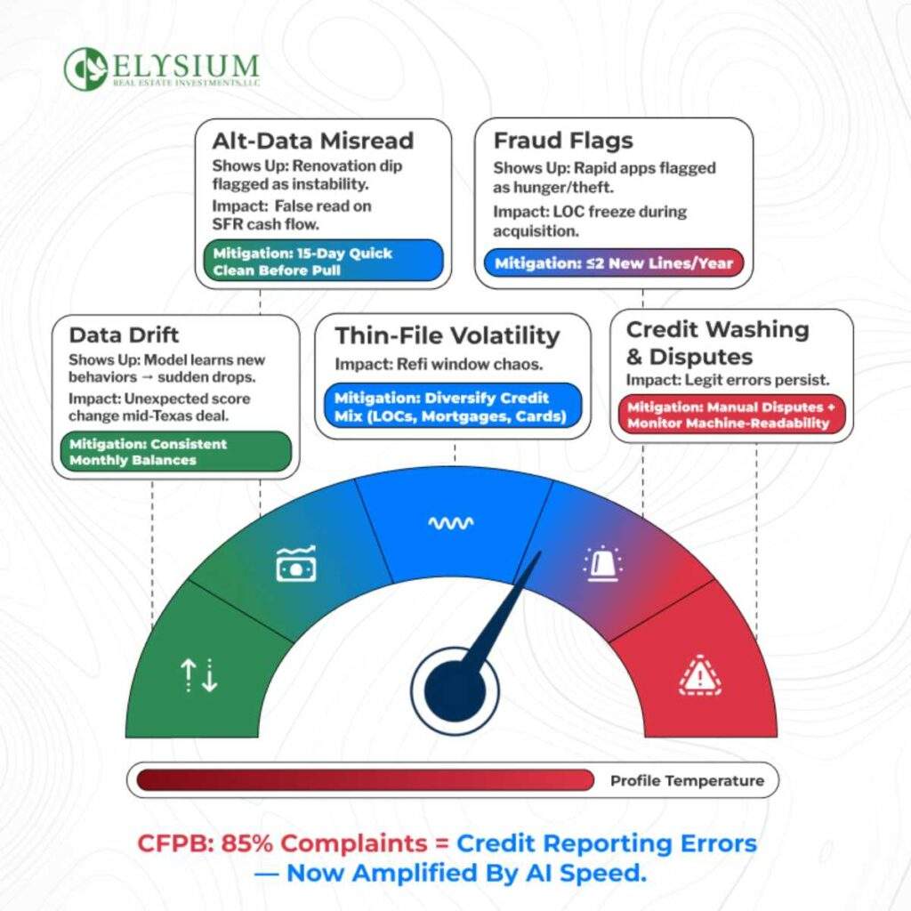 Gauge chart showing AI-amplified credit profile risks including fraud flags, thin-file volatility, disputes, and data drift.
