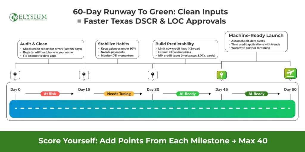Timeline showing a 60-day plan to clean credit inputs and reach AI-ready status for faster Texas DSCR and LOC approvals.