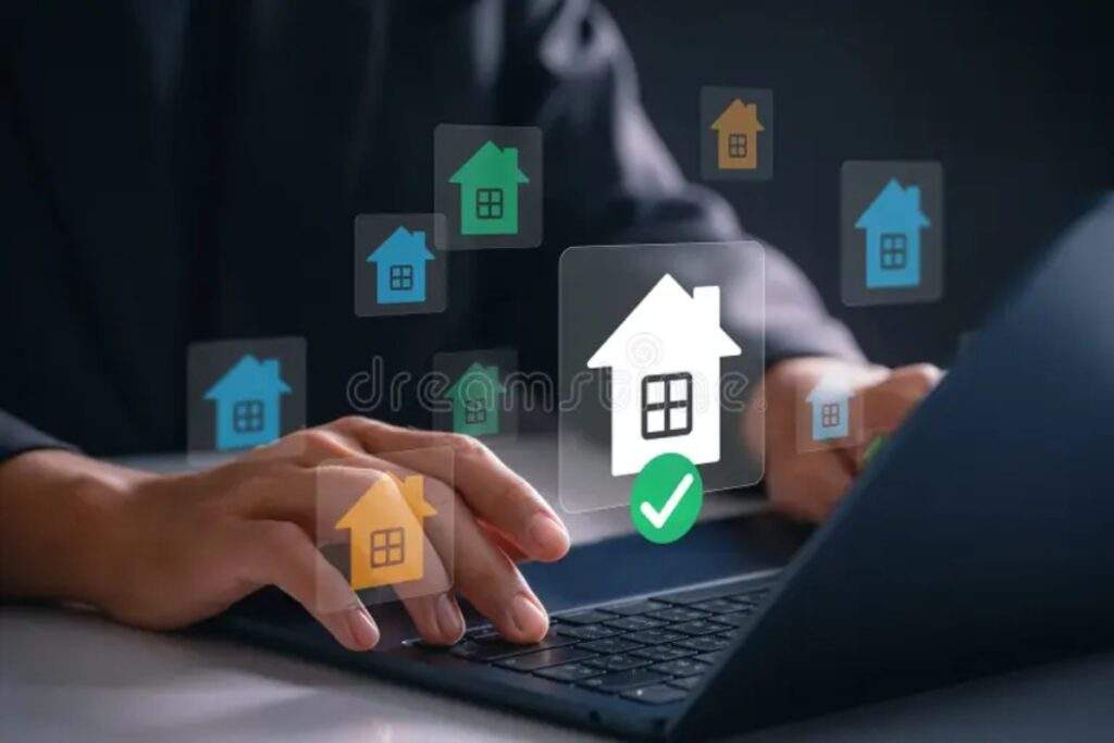 Digital real estate platform using AI credit scoring to evaluate property financing opportunities.