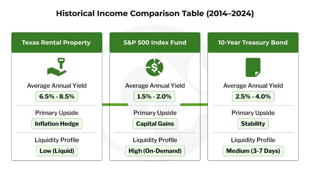 Historical income comparison: Texas rental (6.5–8.5%), S&P 500 (1.5–2%), Treasury bonds (2.5–4%) with liquidity and benefits.