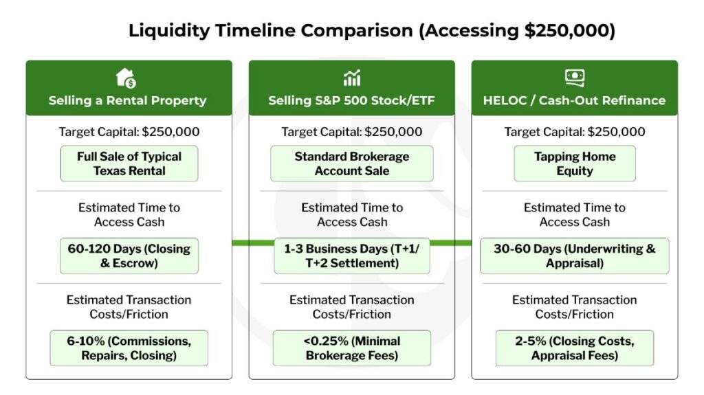 Liquidity timeline: rental sale 60–120 days, S&P 500 1–3 days, HELOC 30–60 days, with costs and access details.