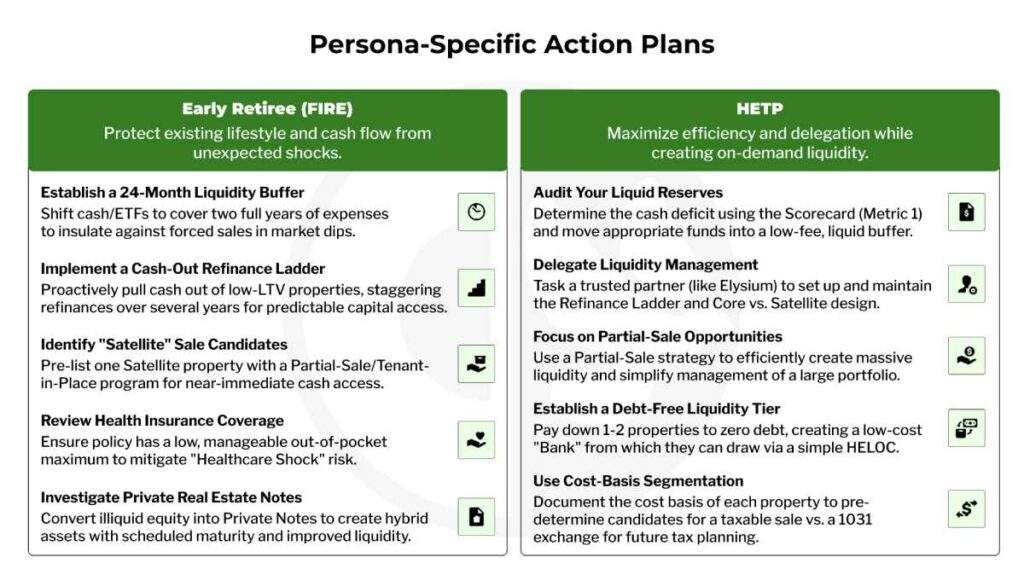Persona-specific plans: FIRE focuses on liquidity buffers and income; HETP on efficiency, delegation, and tax strategies.