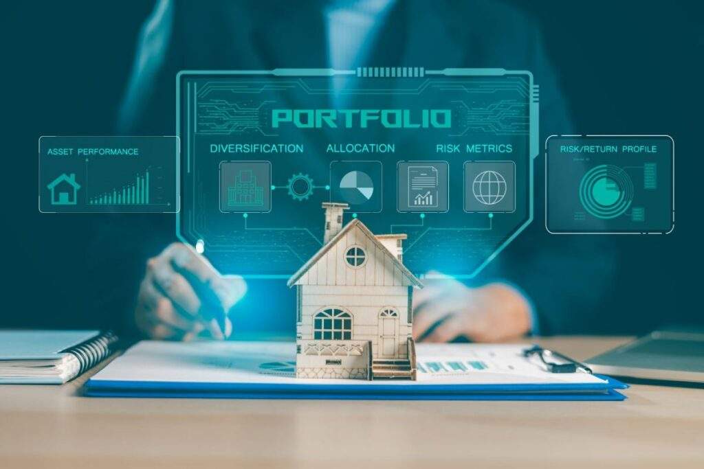 A high-level view of an investor reviewing a diverse real estate portfolio on a tablet, representing strategic execution.