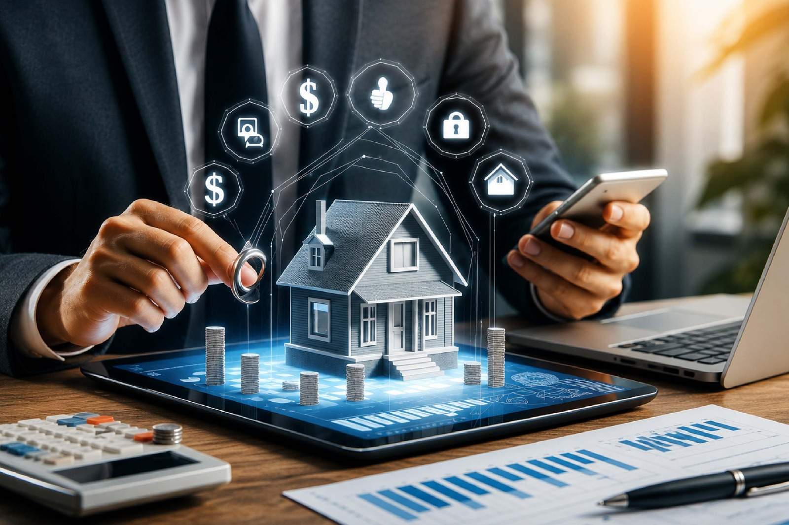 Stylized 3D house hologram on a desk symbolizing digital tools for residential hard asset portfolio allocation